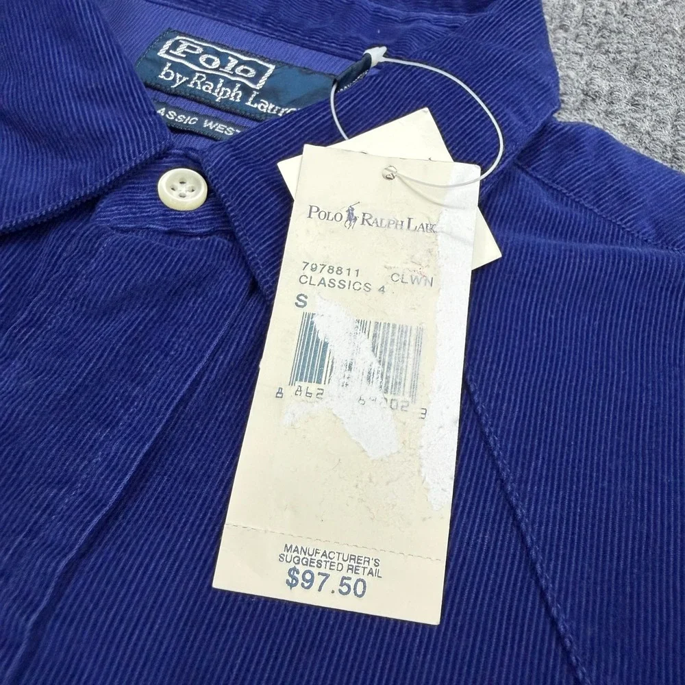 NWT Vtg Polo Ralph Lauren Classic Western Corduroy Shirt Mens M Blue Pearl Snap